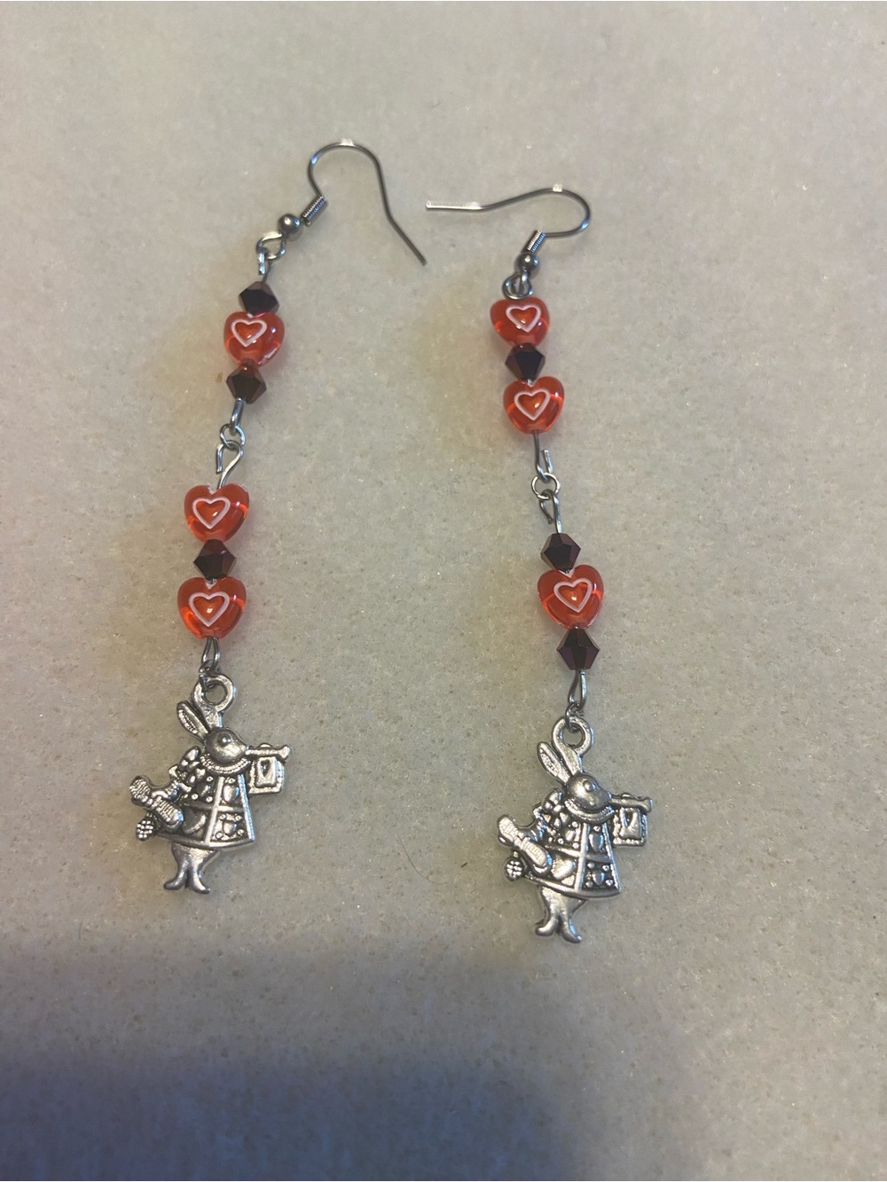 Red Heart Bead Bunny Dangle Earrings